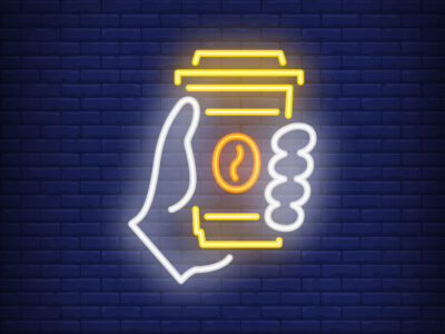Hand holding disposable coffee cup neon sign. Cafe, break, beverage concept. Advertisement design. Night bright neon sign, colorful billboard, light banner. Vector illustration in neon style.