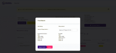modal para seleccionar producto de Woocommerce al que actualziar con la publicación de Mercadolibre